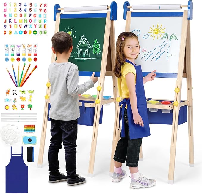 Kids Easel 3-1,Magnetic Chalkboard & Whiteboard, Paper Painting, Big Storage with Canvas Bag, Painting Sets with Finger Paints,Chalks,Brushes,Number Letters Magnets, Apron, Gift for Kids, Blue