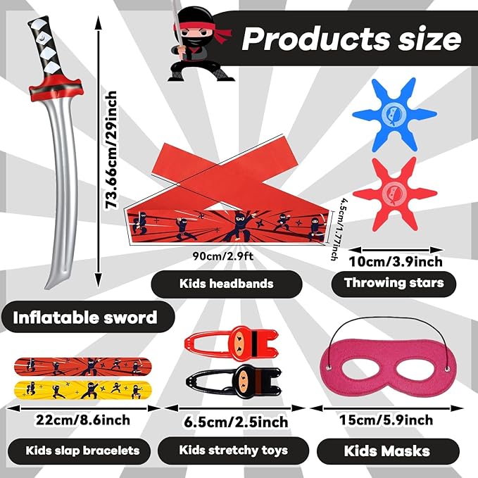 ZOIIWA 72Pcs Karate Party Favors Include Inflatable Sword Headbands Colorful Karate Party Decorations Karate Slap Bracelets Eye Mask Costume Accessories Gift Set for Kids Boys Girls Birthday Supplies