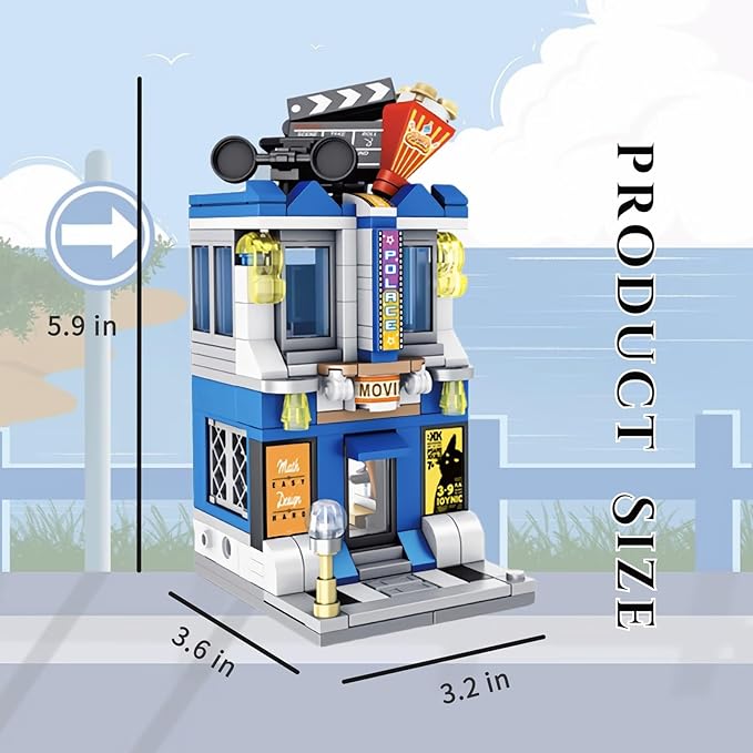 City Movie Theater Building Blocks Sets, Cute Street Store MOC Cinema 3D Toy Model Building Kit, Creative Birthday Gift for Adults/Kids Who Love Movies (253 Pieces)