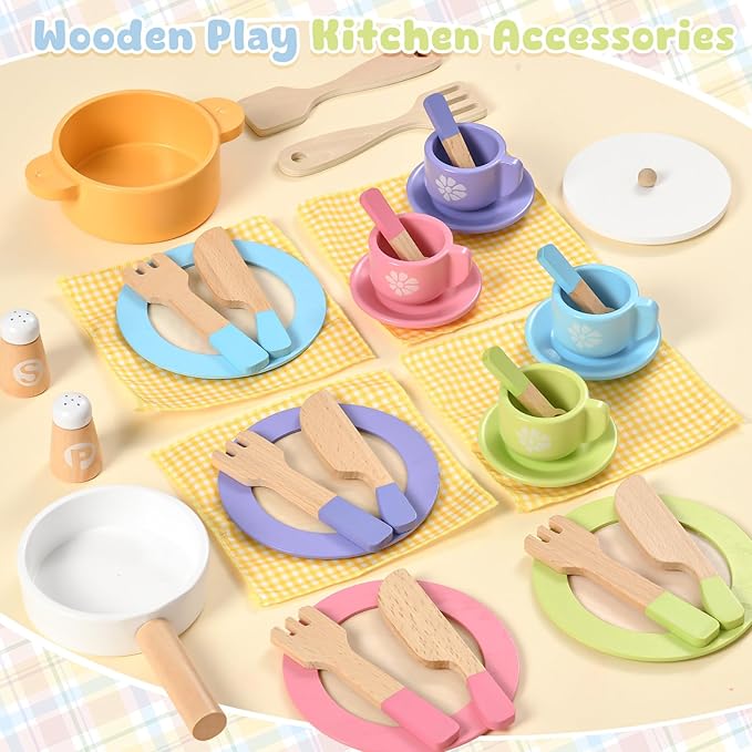 Toyssa 34 PCS Wooden Play Dishes and Plates Kitchen Set Toys for Toddler, Kids Play Kitchen Accessories with Pan & Tableware, Montessori Pretend Cooking Set Birthday Gifts for 3 4 5 6 Years Girls Boys