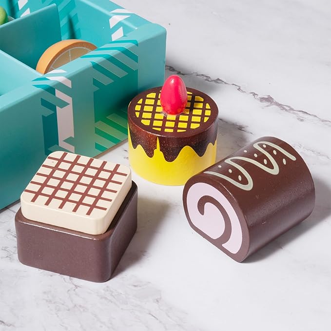 10pcs Wooden Dessert Set Toddler Pretend Play Toy Food, Sweets Playset with Muffin, Cupcake, Chocolate Cake & Roll, Kids Food Toys Play Kitchen Accessories Boys and Girls Birthday Gift