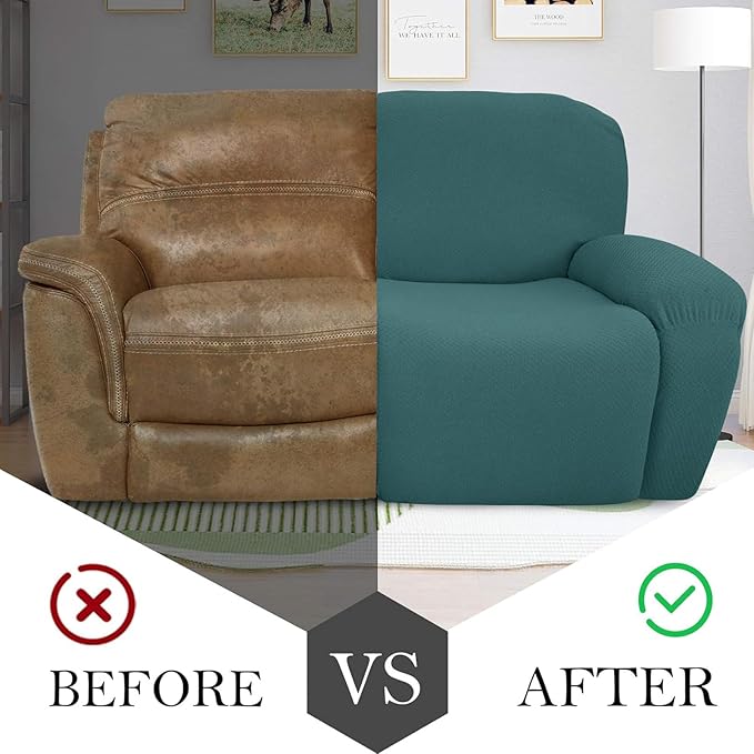 JIVINER 6-Piece Loveseat Recliner Slipcover Stretch Jacquard Recliner Sofa Cover 2 Seater Washable Reclining Couch Cover with Pocket Fitted Furniture Protector Cover (Loveseat Recliner, Peacock Blue)