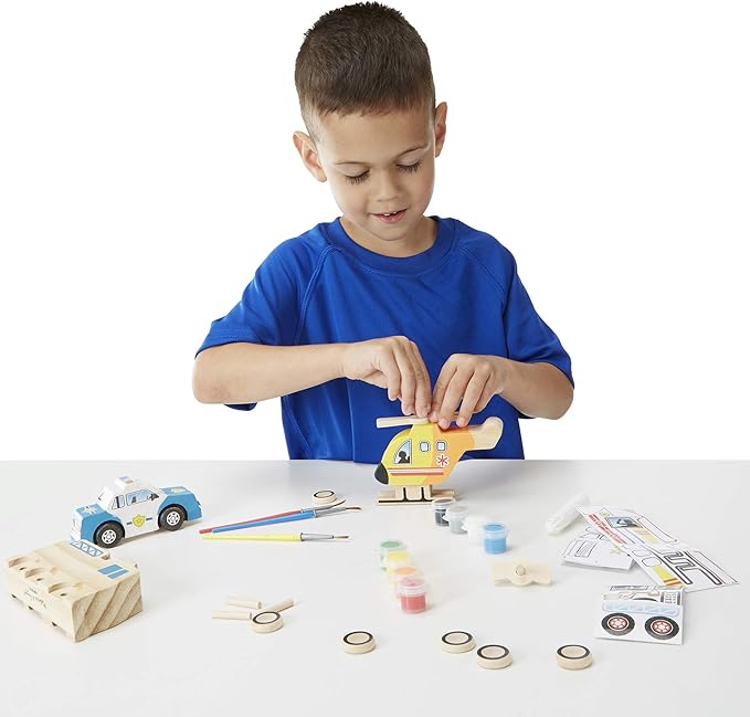 Melissa & Doug Created by Me! Rescue Vehicles Wooden Craft Kit - Decorate-Your-Own Police Car, Fire Truck, Helicopter