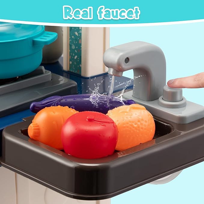 Kids Kitchen Playset-53pcs Cooking Stove,Paly Sink,Oven,Kitchen Toys with Realistic Lights&Sounds,Pretend Play Toys,Kitchen Toys for Toddler 1 2 3(Blue)