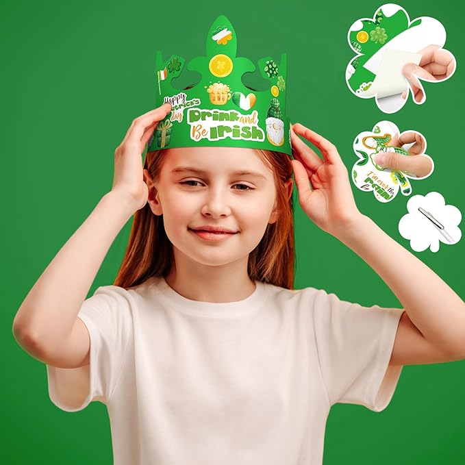 WorldBazaar St. Patrick's Day Crown Hat Craft for Kids 24 Pack Lucky Shamrock Clover Paper Hat with Stickers Green Irish Classroom Family Party Favors Supplies