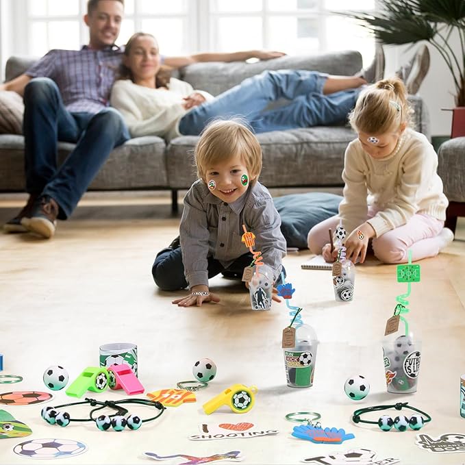 LiYiQ 158 Pcs Soccer Party Favors Soccer Party Supplies with Cup Straw Stress Ball Keychain Sticker Slaps Bracelets Whistle Thank You Tags for Soccer Birthday Decorations (Soccer)