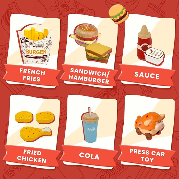 Wooden Play Food Set for Kids, Pretend Fast Food Playset, Wooden Hamburger French Fries Toy, Play Kitchen Accessories for Toddlers with Car Toy, Educational Toys Gift for Boys Girls