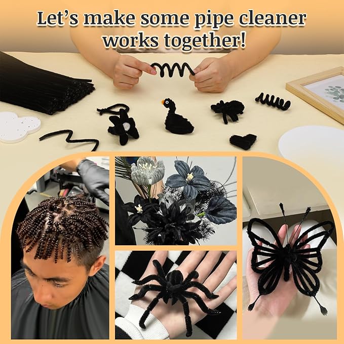 Zlulary 600 PCS Pipe Cleaners, Black Pipe Cleaners for Hair, Pipe Cleaner Crafts Fluff Fuzzy Stick Pipe Cleaners Bulk for Wig Weaving DIY Halloween Decorations