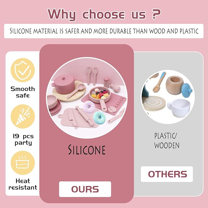 Play Kitchen Accessories, Silicone Pretend Play Kitchen Toys Set, Play Kitchen Pots and Pans Set for Kids, Learning Education Cooking Toys for Girls(Pink)