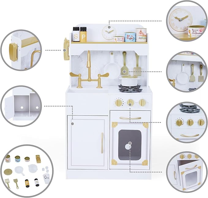Teamson Kids Versailles Petite Classic Kids Wooden Interactive Play Kitchen, White with Faux White Marble and Gold