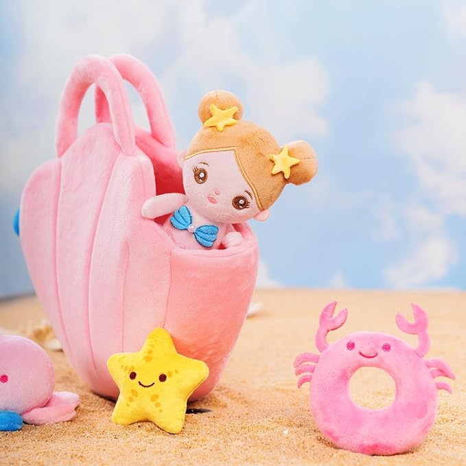 OUOZZZ Soft Baby Doll for Girls Mermaid Toys - 2 Years Old Sensory Toy - Little Dolls Birthday Gifts Age 1-3 Toddler Plush Stuffed Animal with Squeaker, Crinkle and Bell Ringing Toy Set