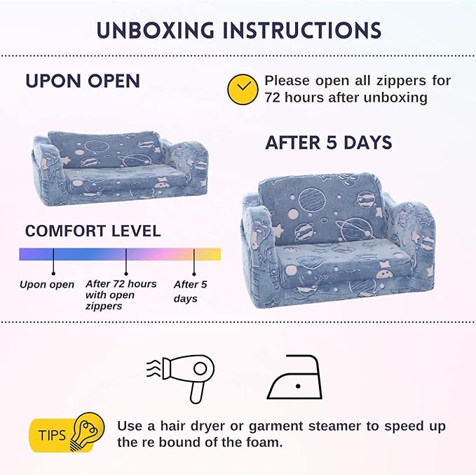 MeMoreCool Toddler Fold-Out Chair for Girls Boys, Glow-in-The-Dark Folding Baby Couch, Convertible Plush Recliner Lounger for Kids Playroom (Glowing Astronaut)