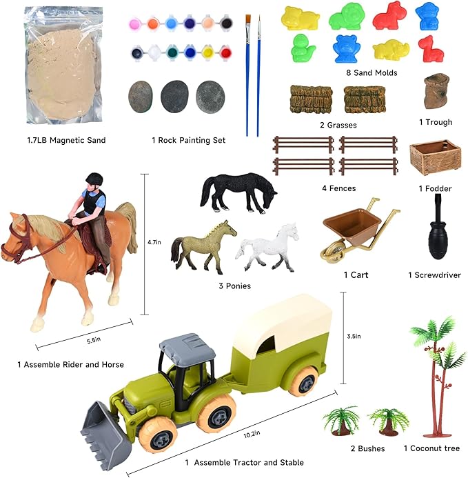 Sensory Bin - Horse Stable Playset Play Sand for Kids,Sandbox with Cover, 1.7 LB Magnetic Sand,Tractor and Stable, Rider and Horse,Rock Painting Kit,Sensory Toys for Autism 3 4 5 6 7 8 Year and Up