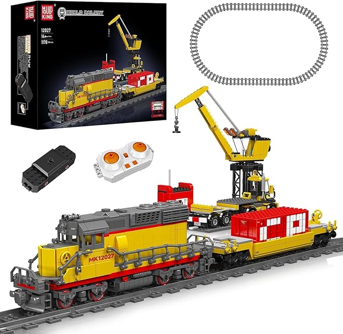 Mould King 12027 Diesel Locomotive Train Building Sets with a Semi-Trailers, Cranes, Remote/App Control Engineering Toy Kit, Scale Model with Trains Tracks for Adults Kids (1170 Pieces)