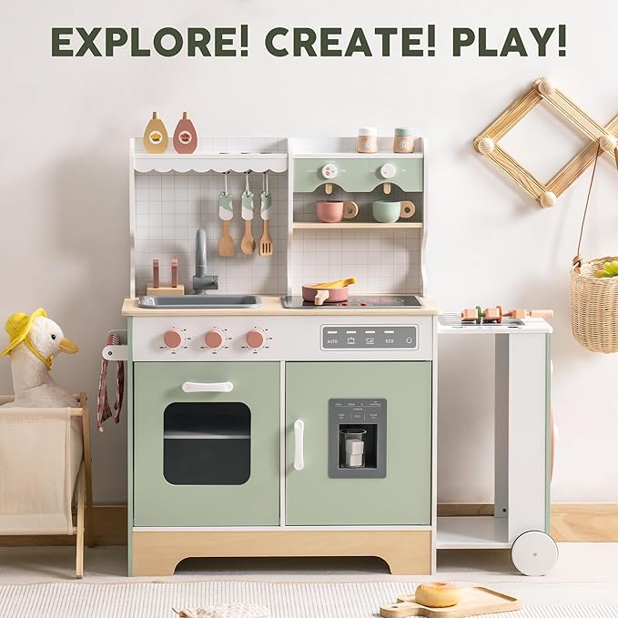 ROBOTIME Wooden Play Kitchen, Wood Kids Play Kitchen with Ice Maker and BBQ, Kids Play Kitchen Pretend Play Set with Lights & Sounds for Ages 3+, Gift for Boys and Girls