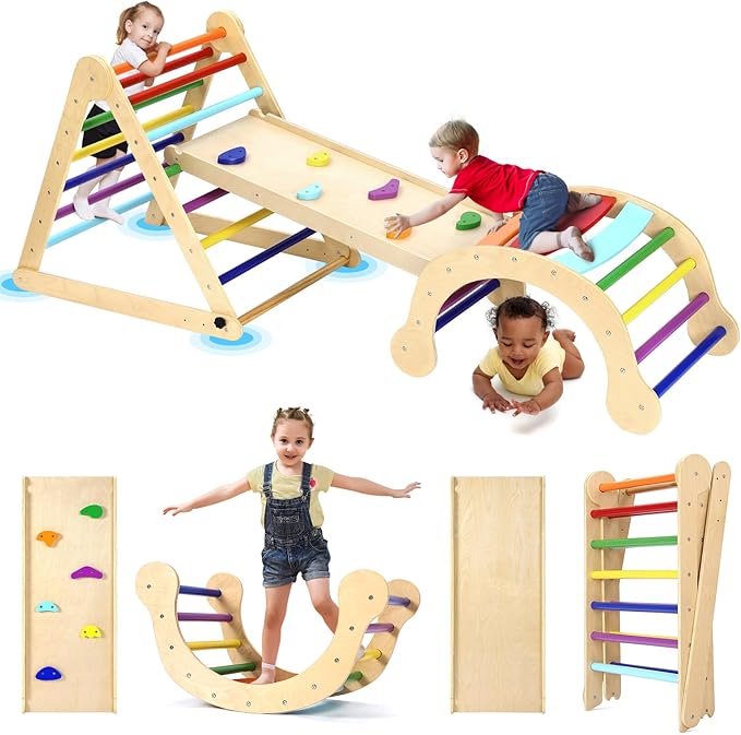 YOLEO Large Pikler Triangle Set, Wooden Toddler Climbing Toys Indoor with Safer Sturdy Base, Montessori Pikler Triangle Climbing Set for Kids' Indoor Climber & Playground & Jungle Gym (Rainbow)