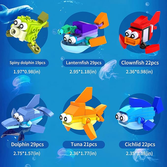 12 In 1 Pre Filled Sea Creatures Building Block Set-12 Pcs Mini Building Blocks Toys, STEM Building Blocks Toys, Classroom Prize Toys, Party Favor for Kids,Birthday,Goodie Bags,Carnival Prizes