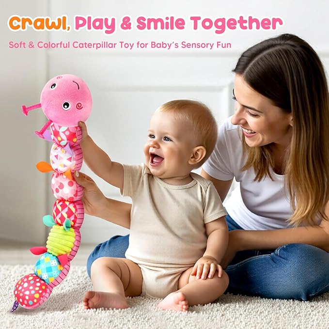 Baby Toys Musical Caterpillar, Infant Stuffed Animal for 0-6 6-12 Months with Crinkle and Rattles, Tummy Time Sensory Toys Newborn Boys Girls Gifts 0 3 6 9 12 Months - Pink