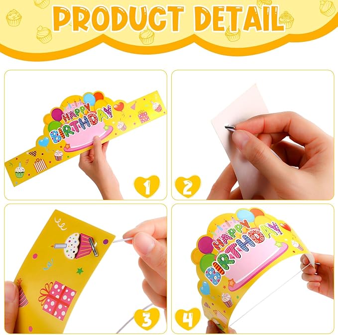 Yunsailing 108 Pcs Happy Birthday Party Supplies for Kids Include 36 Birthday Paper Crowns 36 Birthday Badge Stickers 36 Happy Birthday Slap Bracelets for Classroom School Party Supply(Bright Color)