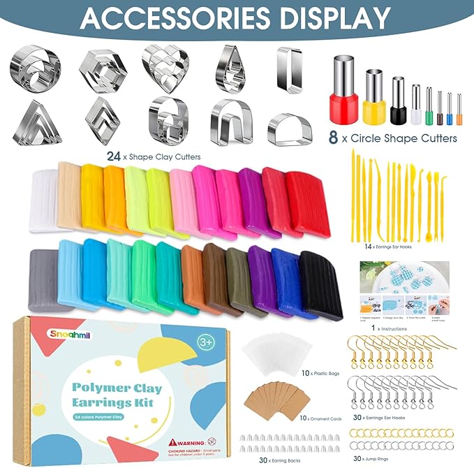 Polymer Clay Earring Making Kit with Gift Box, Including 32pcs Polymer Clay Cutters, 24pcs Oven Bake Clay, 30 Set Earring Rings&Hooks, Jewelry Making Kit for Teen Girls