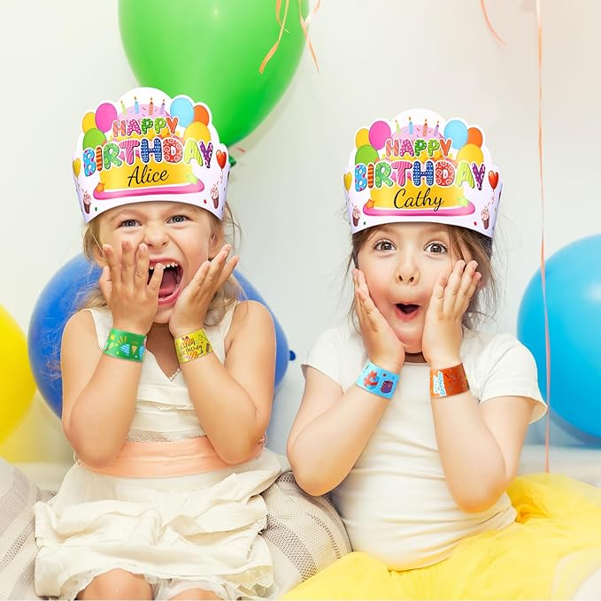 Yunsailing 108 Pcs Happy Birthday Party Supplies for Kids Include 36 Birthday Paper Crowns 36 Birthday Badge Stickers 36 Happy Birthday Slap Bracelets for Classroom School Party Supply (White Color)