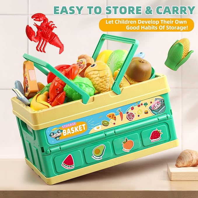 Cutting Play Food Toy for Kids - Pretend Fruit & Vegetable Accessories with Foldable Shopping Storage Basket Play Kitchen Toys with Dishes Knives Learning Toy for Toddler Toys Birthday Gift