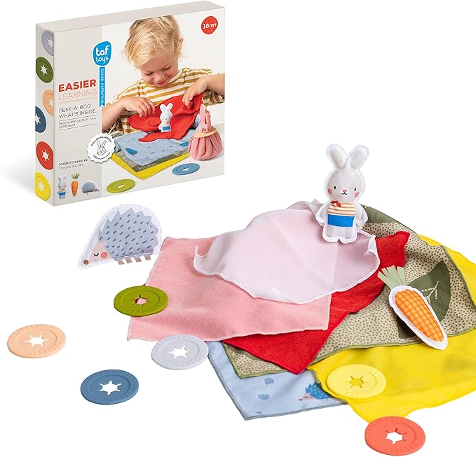 Taf Toys Peek-a-Boo What's Inside? Sensory Toy for Babies 18 Months & up, Montessori Tissue Toy for Color Matching & Fine Motor Skills Development, Baby Toy with Hidden Activity Toys