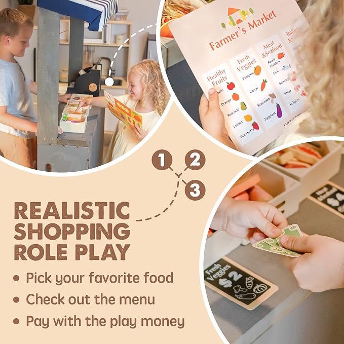 Tiny Land Wooden Play Food Sets for Kids Kitchen - 100% Wood 43 Pieces Kids Toy Food for Toddlers 3+ Year Old, Pretend Food Play Kitchen Accessories Set for Boys and Girls