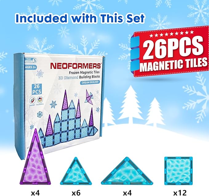 Magnetic Tiles 26 pcs Frozen Castle Magnetic Tiles - 3D Diamond Building Blocks, STEM Educational Kids Toys for Pretend Play, Birthday Gifts Montessori Sensory Educational Magnet Toys