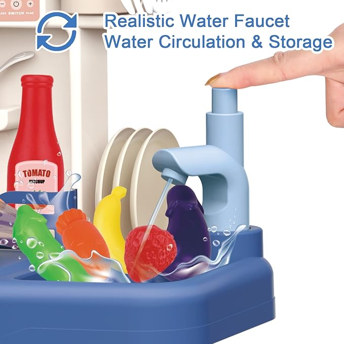 deAO Kids Kitchen Playset 35PCS Play Kitchen Toys Accessories with Sounds Lights,Cooking Stove Steam,Pretend Play for Toddler Aged 3 4 5 6 7 8 Years (Blue)