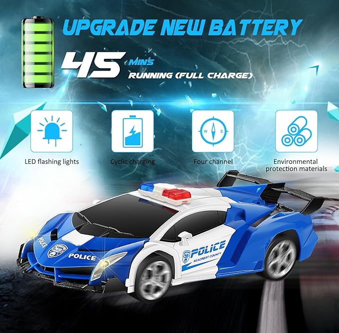 FIGROL Remote Control Car|Transformable Robot RC Car|2.4Ghz 1:18 Scale Model Police Car with One Button Deformation|360 Degree Rotation Drifting for Children