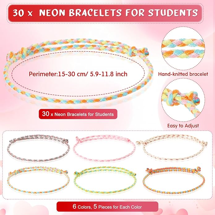 Riceshoot Valentine Gifts for Kids Classroom Neon Bracelets Rope Bracelets Valentine’s Day Gift Cards Our Class Will Knot Be The Same Without You Cards for Kids Classroom Exchange