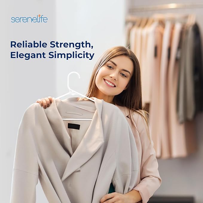 SereneLife White Plastic Hangers 200 Pcs, Durable Hanger Set with Slip Design, Tubular Hangers with 2 Integrated Strap Hooks, Mega Pack for Clothes