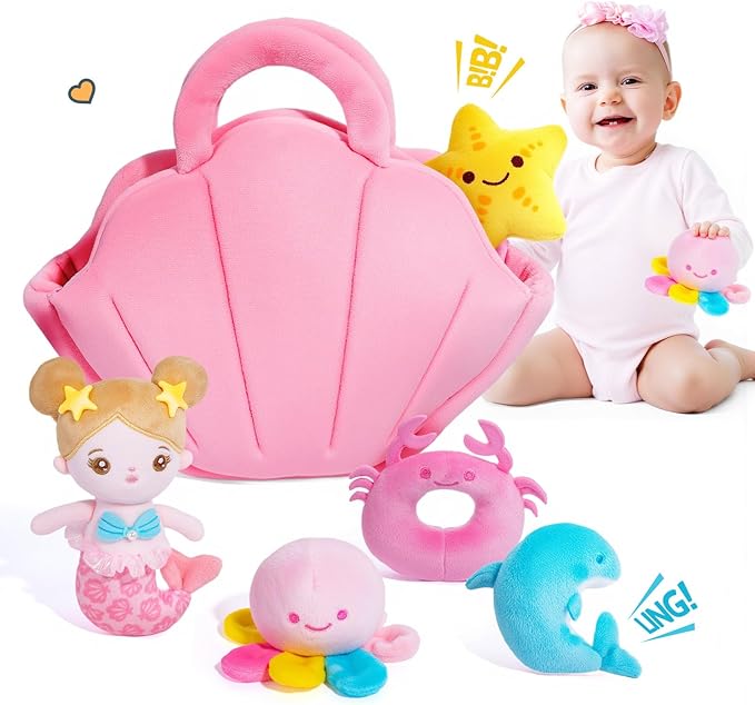 OUOZZZ Soft Baby Doll for Girls Mermaid Toys - 2 Years Old Sensory Toy - Little Dolls Birthday Gifts Age 1-3 Toddler Plush Stuffed Animal with Squeaker, Crinkle and Bell Ringing Toy Set