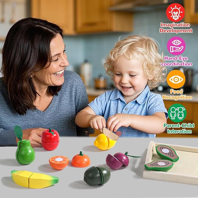 Fajiabao Wooden Play Food Set for Kids Kitchen Montessori Toddlers Toys 1-3 Pretend Cutting Fruit Educational Easter Birthday Gifts for Girls Boys 2 3 4 Year Old