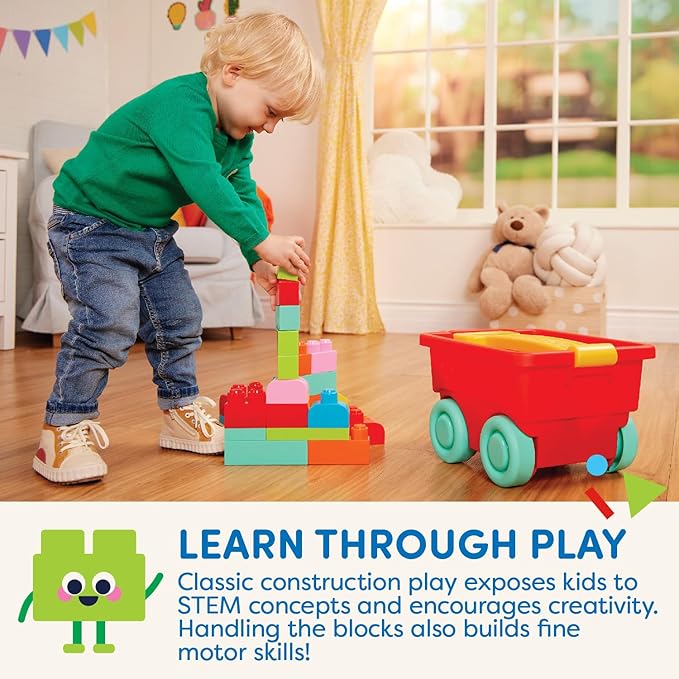 Battat – Building Blocks – 47Pc Brick Set – Colorful & Chunky Bricks – Unique Wheel Bricks – 12 Months + – Locbloc Red Builder's Wagon