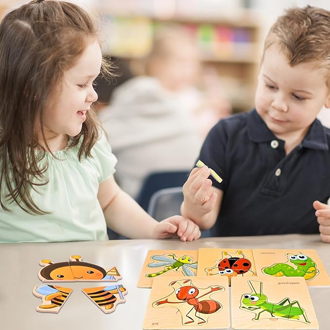Wooden Puzzles for Toddlers 1-3, 8pcs Shapes, Insect Animal Themed Montessori Toys for 1 Year Old Learning, Educational Preschool Toys for Boys Girls