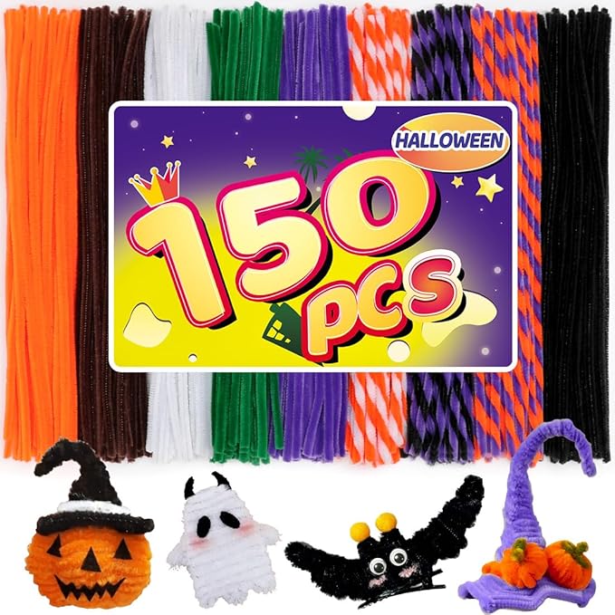 Bundooraking Pipe Cleaners, Pipe Cleaners Craft, Arts and Crafts, Crafts, Craft Supplies, Art Supplies (150pcs Halloween Multi-Colored Chenille Pipe Cleaners)