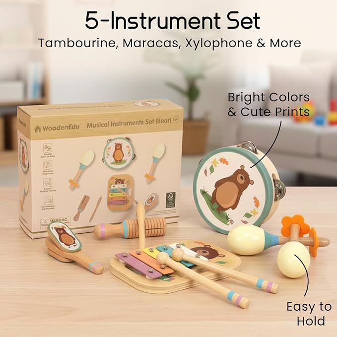 Wooden Musical Instruments Set for Toddlers, Natural Wood Percussion Instruments Xylophone Gift Set for Girls Boys Kids ,Preschool Educational Musical Toys with Storage Bag (Blue Set)