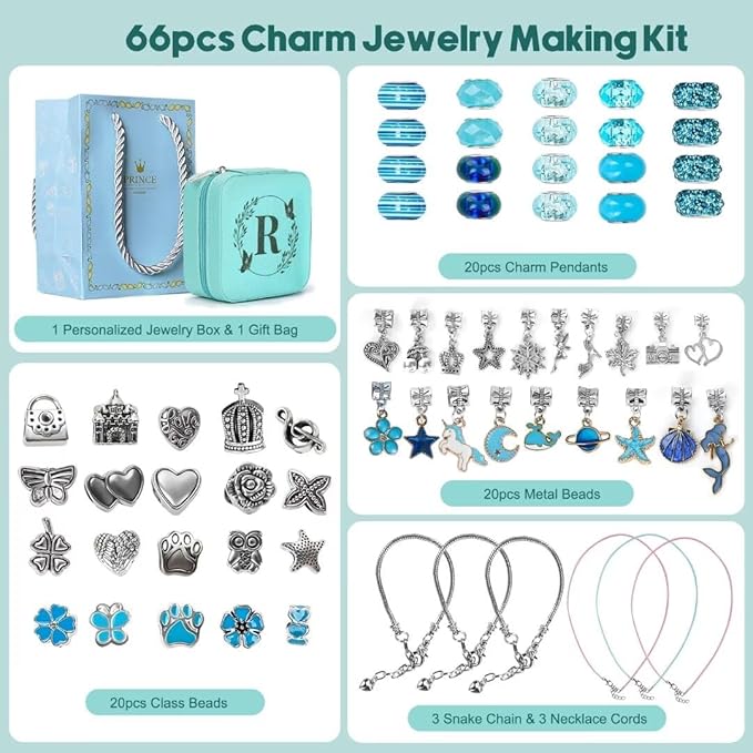 Charm Bracelet Making Kit, Kid Jewelry Making Kit for Girls 8-12, Unicorn Craft Kits for Teen Girls Toys Ages 3-10 Years Old Girl Gifts Trendy Stuff Birthday Christmas Gift with Initial Jewelry Box- R