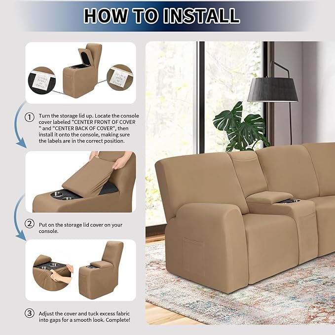 PureFit Recliner Console Cover for Reclining Couch Covers, Super Stretch Middle Console Slipcovers for Recliner Sofa Cover, Furniture Protector for Kids Pets with Pockets&Elastic Bottom, Camel