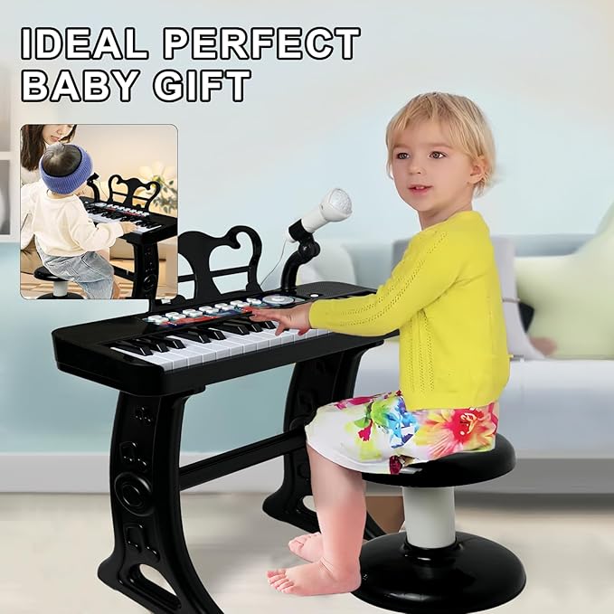 Love&Mini Piano Toy for Kids - 37 Keys Piano Keyboard Toy with Stool and Microphone, Black Electronic Musical Instrument Birthday Gift for Kids 3 4 5 6 7 8 Years Old Boys and Girls
