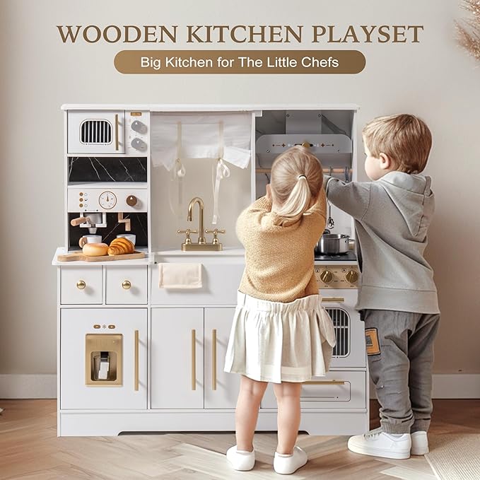 ROBOTIME Wooden Play Kitchen for Toddlers and Kids, Toy Kitchen Set with Ice Maker and Coffee Machine, Realistic Toddler Kitchen Set, Gift for Girls Boys Ages 3+ White