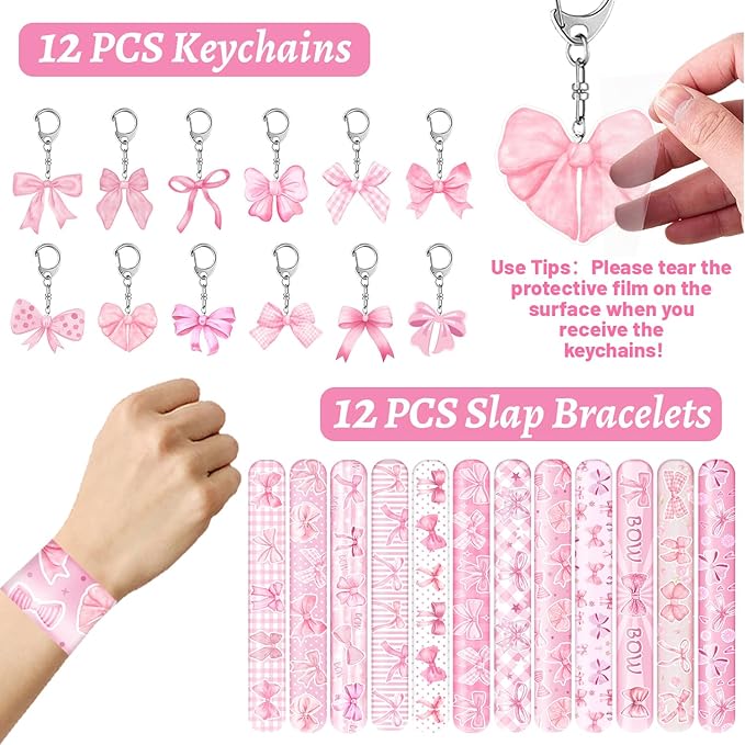 110 PCS Pink Coquette Bow Party Favors, Pink Coquette Bow Temporary Tattoos Slap Bracelets Stickers Keychains Badges Gift Bags for Bow Coquette Birthday Party Decorations Supplies for Kids Girls