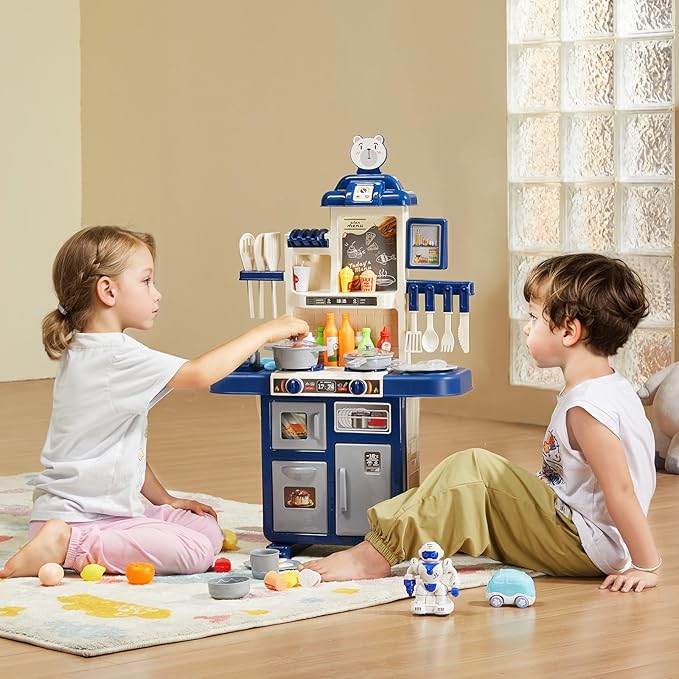 VEVOR Kids Kitchen Playset 48PCS, Pretend Play Kitchen with Cooking Stove with Steam, Sounds and Lights, Play Sink and Play Food, Toy Kitchen Set for Toddlers (Blue) Size 18.5" x 9.4" x 30.7"