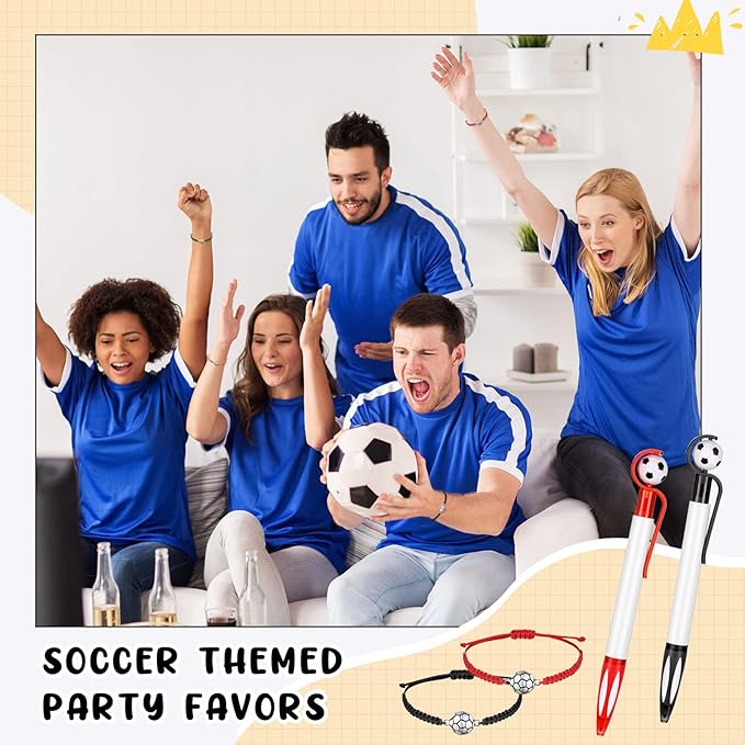 Sabary 30 Pcs Sport Theme Party Favors Set, 15 Pcs Soccer Pens 15 Pcs Soccer Theme Bracelets Ballpoint Pens Adjustable Bracelet Sport Party Gifts for Kids Teens Team Members (Multicolor)