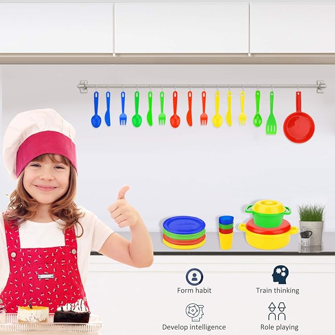 Flormoon Play Dishes Set - 27pcs Durable Pretend Play Cooking Toys - Super Sturdy, BPA Free, Food Safe, Phthalate Free - Kid Dishes Kitchen Toys for Boys and Girls 2+ Years