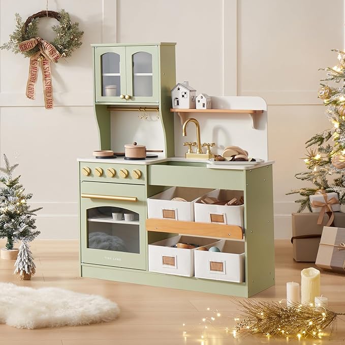 Tiny Land Play Kitchen for Kids, Wooden Play Kitchen with Toy Storage System, Toy Kitchen Set with Plenty of Play Features, Kids Play Kitchen Designed, Gift for Ages 3+ (Green)