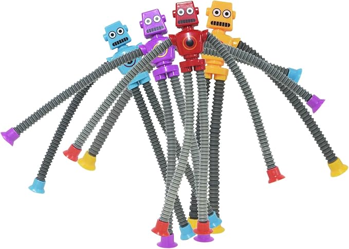 Robot Pop Tube Suction Cup Toys 4PCS, Easter Basket Stuffer Gift for Kid Toddlers Boy Year Old Age 3 4 5 6 7 8, Small Telescopic Fidget Toys for Travel & Airplane Activities Autistic