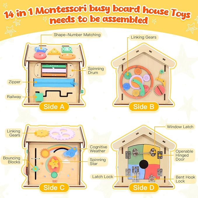 Wooden Busy Board for Toddlers Montessori Toy for Fine Motor Training and Life Skills Development-14-in-1 Toddler Activity Board Sensory Toys-Perfect Montessori Toys for over 3 years old kids
